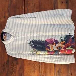 Tommy Bahama | Linen White Gray Striped Tropical Long Sleeve Button Down Size L